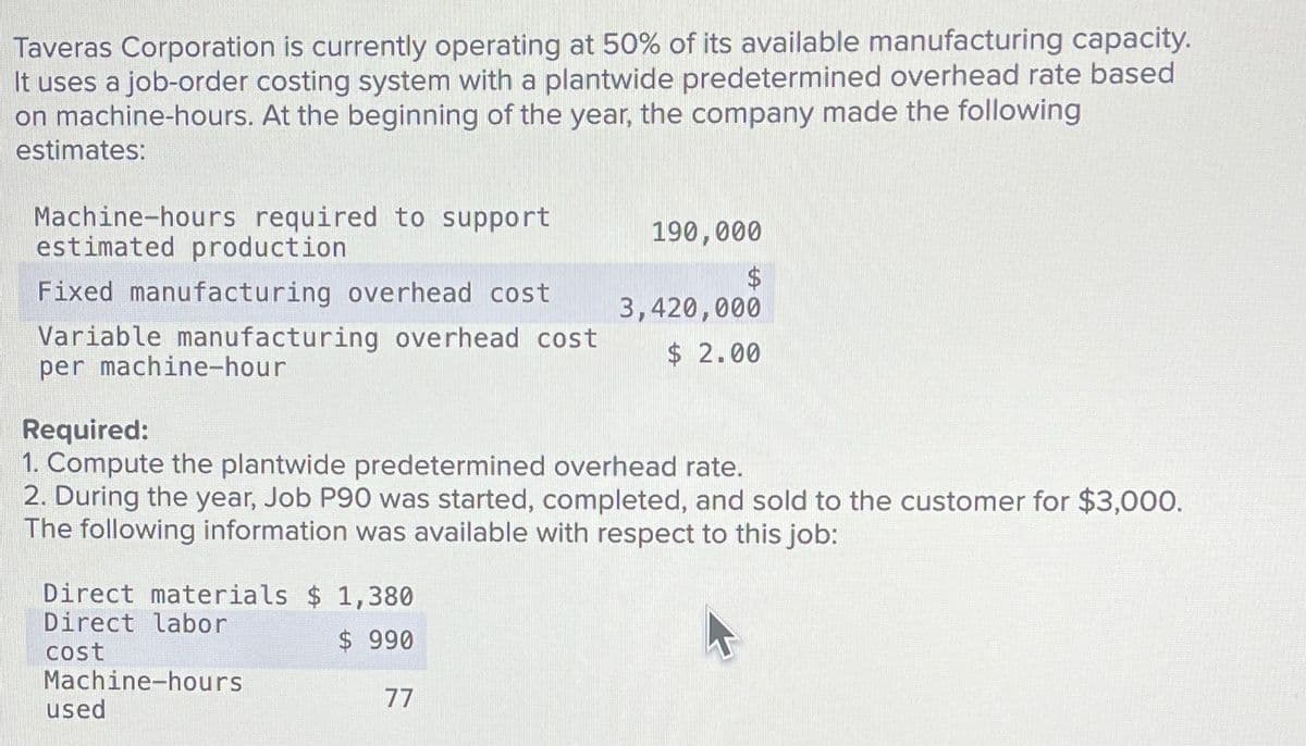 Taveras Corporation is currently operating at 50% of its available manufacturing capacity.
It uses a job-order costing system with a plantwide predetermined overhead rate based
on machine-hours. At the beginning of the year, the company made the following
estimates:
Machine-hours required to support
estimated production
Fixed manufacturing overhead cost
Variable manufacturing overhead cost
per machine-hour
Required:
190,000
$
3,420,000
$ 2.00
1. Compute the plantwide predetermined overhead rate.
2. During the year, Job P90 was started, completed, and sold to the customer for $3,000.
The following information was available with respect to this job:
Direct materials $ 1,380
Direct labor
cost
Machine-hours
used
$ 990
77