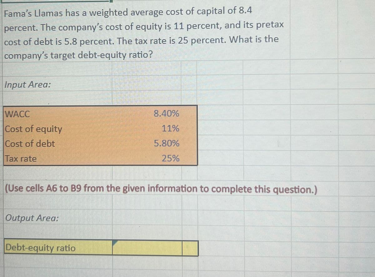 Fama's Llamas has a weighted average cost of capital of 8.4
percent. The company's cost of equity is 11 percent, and its pretax
cost of debt is 5.8 percent. The tax rate is 25 percent. What is the
company's target debt-equity ratio?
Input Area:
WACC
8.40%
Cost of equity
11%
Cost of debt
5.80%
Tax rate
25%
(Use cells A6 to B9 from the given information to complete this question.)
Output Area:
Debt-equity ratio
