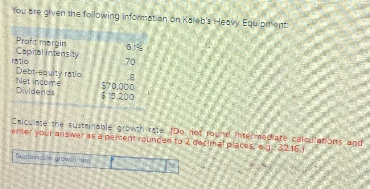 You are given the following information on Kaleb's Heavy Equipment:
Profit margin
Capital intensity
Debt-equity ratio
Net income
Dividends
18
$70,000
$ 15,200
Sustainable growth rate
A
Calculate the sustainable growth rate. (Do not round Intermediate calculations and
enter your answer as a percent rounded to 2 decimal places, e.g., 32.16.)