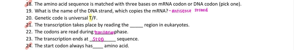 18. The amino acid sequence is matched with three bases on mRNA codon or DNA codon (pick one).
19. What is the name of the DNA strand, which copies the mRNA? - antisense strand
20. Genetic code is universal T/F.
21. The transcription takes place by reading the
22. The codons are read during translationphase.
23. The transcription ends at Stop
24.
The start codon always has
sequence.
amino acid.
region in eukaryotes.