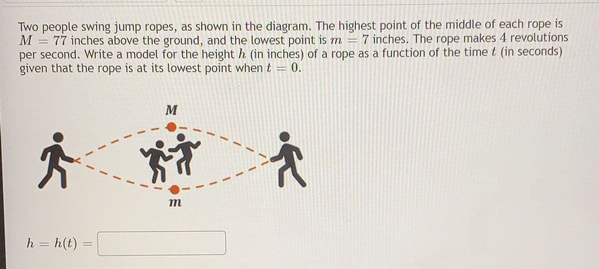 Two people swing jump ropes, as shown in the diagram. The highest point of the middle of each rope is
M = 77 inches above the ground, and the lowest point is m 7 inches. The rope makes 4 revolutions
per second. Write a model for the height h (in inches) of a rope as a function of the time t (in seconds)
given that the rope is at its lowest point when t = 0.
i
↑
h = h(t)
=
M
Kit
m
-