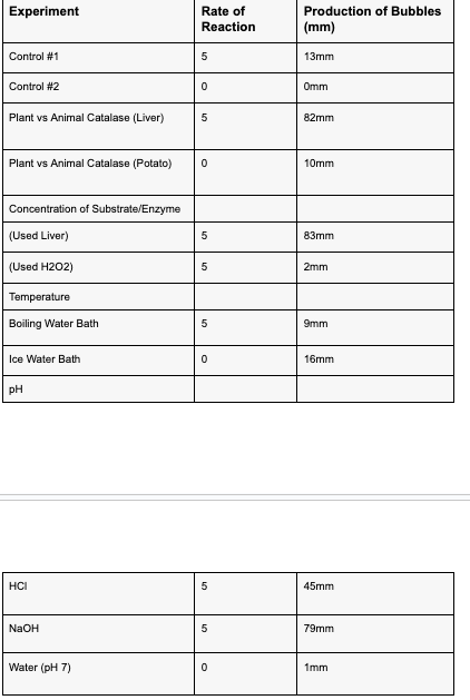 Production of Bubbles
Experiment
Rate of
Reaction
(mm)
Control #1
5
13mm
0
Omm
Control #2
Plant vs Animal Catalase (Liver)
5
82mm
Plant vs Animal Catalase (Potato)
0
10mm
Concentration of Substrate/Enzyme
(Used Liver)
5
83mm
(Used H202)
50
2mm
Temperature
Boiling Water Bath
5
9mm
Ice Water Bath
pH
0
16mm
HCI
5
45mm
NaOH
5
79mm
Water (pH 7)
0
1mm