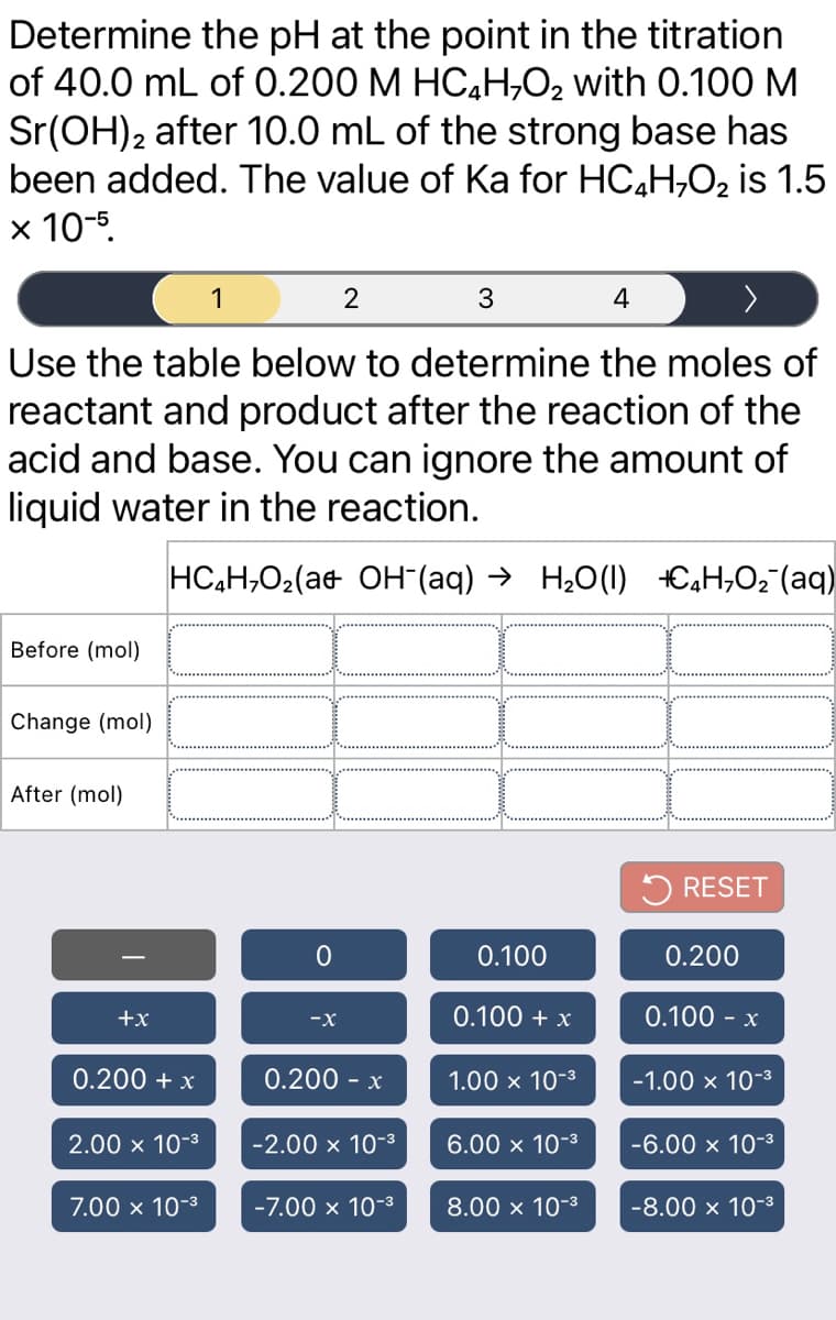 Determine the pH at the point in the titration
of 40.0 mL of 0.200 M HC4H,O2 with 0.100 M
Sr(OH)2 after 10.0 mL of the strong base has
been added. The value of Ka for HC4H,O2 is 1.5
x 10-5.
1
2
4
>
Use the table below to determine the moles of
reactant and product after the reaction of the
acid and base. You can ignore the amount of
liquid water in the reaction.
HC,H,O2(ae OH-(aq) → H20(1) +CgH;Oz¯(aq)
Before (mol)
Change (mol)
After (mol)
5 RESET
0.100
0.200
+x
0.100 + x
0.100 - x
-x
0.200 + x
0.200 - x
1.00 x 10-3
-1.00 x 10-3
2.00 x 10-3
-2.00 x 10-3
6.00 x 10-3
-6.00 x 10-3
7.00 x 10-3
-7.00 x 10-3
8.00 x 10-3
-8.00 x 10-3
