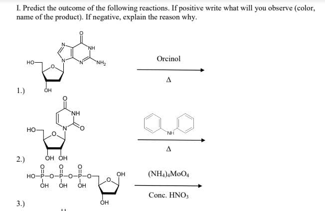 I. Predict the outcome of the following reactions. If positive write what will you observe (color,
name of the product). If negative, explain the reason why.
NH
Orcinol
но-
NH2
A
1.)
OH
'NH
но
NH
A
2.)
ОН ОН
HO-P-O-P-O
он
(NH4)4MOO4
OH
OH
OH
Conc. HNO;
3.)
OH
