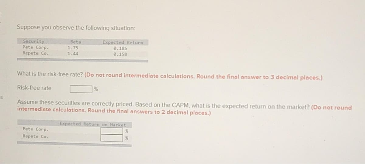 es
Suppose you observe the following situation:
Security
Pete Corp.
Repete Co.
Beta
1.75
1.44
Pete Corp.
Repete Co.
What is the risk-free rate? (Do not round intermediate calculations. Round the final answer to 3 decimal places.)
Expected Return
0.185
0.158
Risk-free rate
Assume these securities are correctly priced. Based on the CAPM, what is the expected return on the market? (Do not round
intermediate calculations. Round the final answers to 2 decimal places.)
%
Expected Return on Market
%