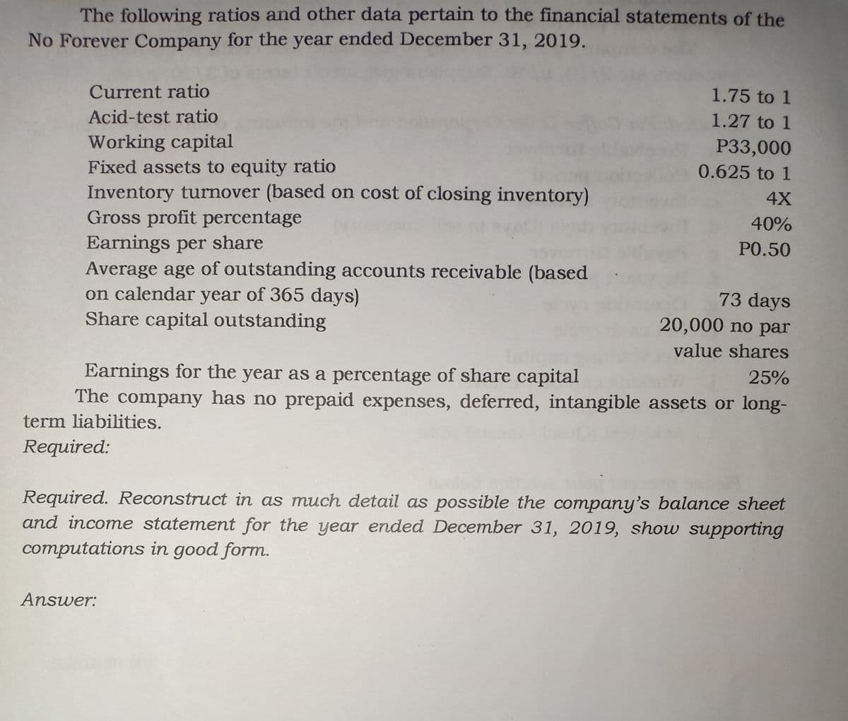 The following ratios and other data pertain to the financial statements of the
No Forever Company for the year ended December 31, 2019.
Current ratio
1.75 to 1
Acid-test ratio
1.27 to 1
Working capital
Fixed assets to equity ratio
Inventory turnover (based on cost of closing inventory)
Gross profit percentage
Earnings per share
Average age of outstanding accounts receivable (based
on calendar year of 365 days)
Share capital outstanding
P33,000
0.625 to 1
4X
40%
PO.50
73 days
20,000 no par
lat
value shares
Earnings for the year as a percentage of share capital
The company has no prepaid expenses, deferred, intangible assets or long-
25%
term liabilities.
Required:
Required. Reconstruct in as much detail as possible the company's balance sheet
and income statement for the year ended December 31, 2019, show supporting
computations in good form.
Answer:
