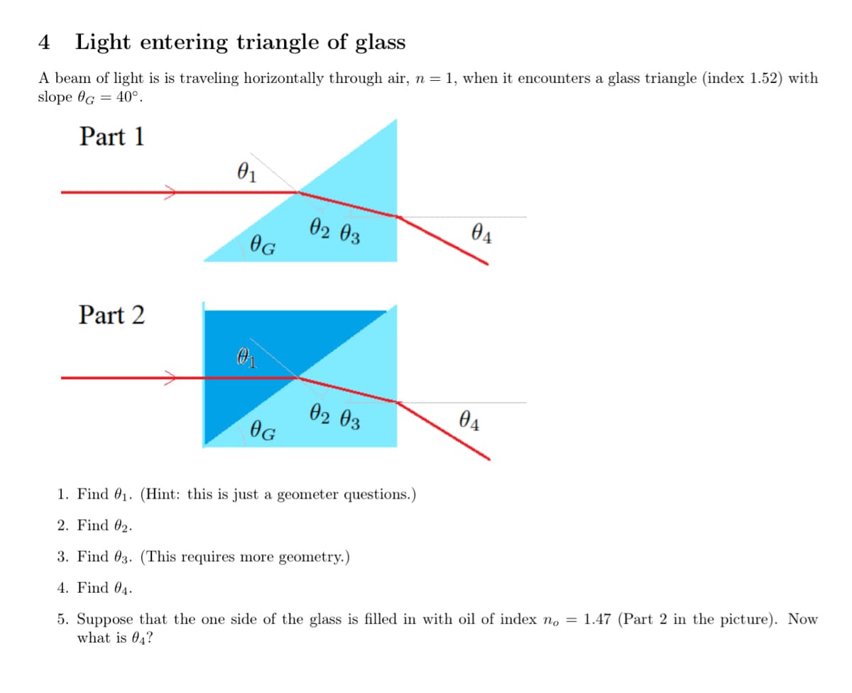 4 Light entering triangle of glass
A beam of light is is traveling horizontally through air, n = 1, when it encounters a glass triangle (index 1.52) with
slope 0G = 40°.
Part 1
Part 2
01
OG
01
OG
02 03
02 03
1. Find 0₁. (Hint: this is just a geometer questions.)
2. Find 02.
3. Find 03. (This requires more geometry.)
4. Find 04.
04
04
5. Suppose that the one side of the glass is filled in with oil of index no = 1.47 (Part 2 in the picture). Now
what is 04?