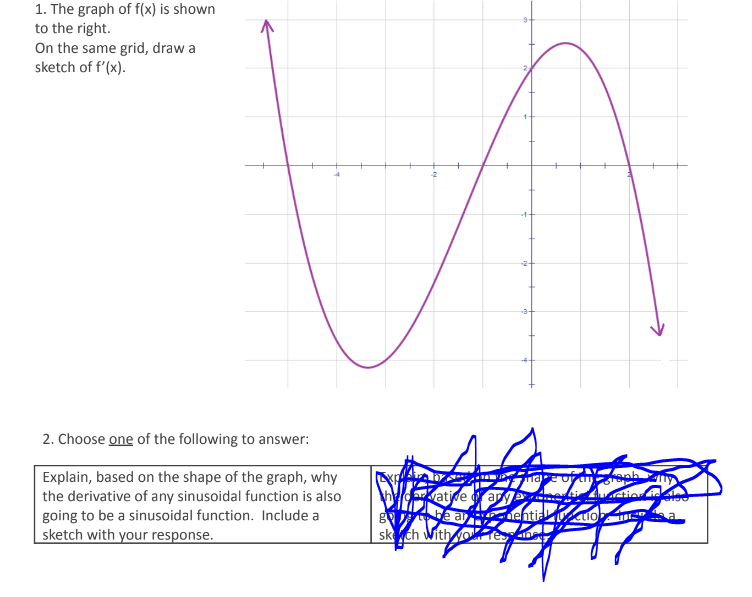 1. The graph of f(x) is shown
to the right.
On the same grid, draw a
sketch of f'(x).
2. Choose one of the following to answer:
Explain, based on the shape of the graph, why
the derivative of any sinusoidal function is also
going to be a sinusoidal function. Include a
sketch with your response.
-2
apy
hervative
gabe ar
skech with your res
of thy Sreph
tio