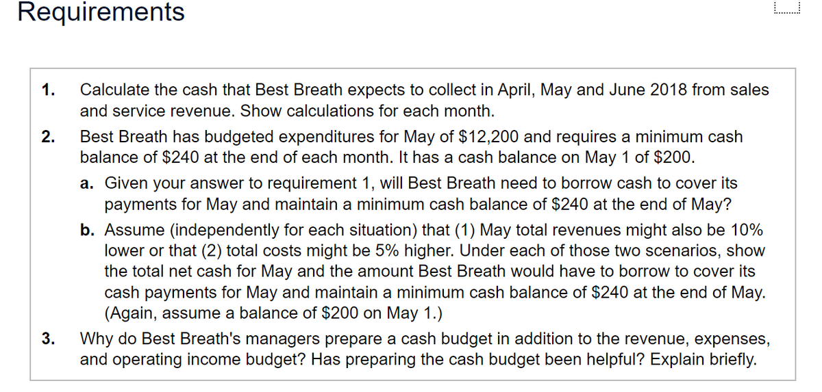 Requirements
1.
Calculate the cash that Best Breath expects to collect in April, May and June 2018 from sales
and service revenue. Show calculations for each month.
Best Breath has budgeted expenditures for May of $12,200 and requires a minimum cash
balance of $240 at the end of each month. It has a cash balance on May 1 of $200.
2.
a. Given your answer to requirement 1, will Best Breath need to borrow cash to cover its
payments for May and maintain a minimum cash balance of $240 at the end of May?
b. Assume (independently for each situation) that (1) May total revenues might also be 10%
lower or that (2) total costs might be 5% higher. Under each of those two scenarios, show
the total net cash for May and the amount Best Breath would have to borrow to cover its
cash payments for May and maintain a minimum cash balance of $240 at the end of May.
(Again, assume a balance of $200 on May 1.)
3.
Why do Best Breath's managers prepare a cash budget in addition to the revenue, expenses,
and operating income budget? Has preparing the cash budget been helpful? Explain briefly.
