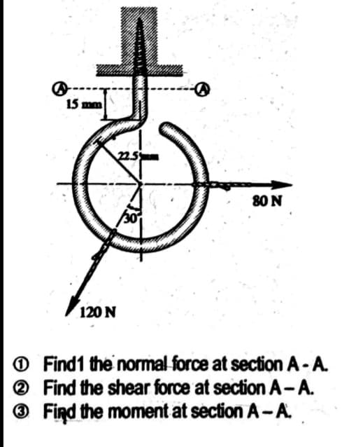 15 mm
80 N
120 N
O Find1 the normal force at section A-A.
® Find the shear force at section A-A.
® Find the moment at section A-A.
