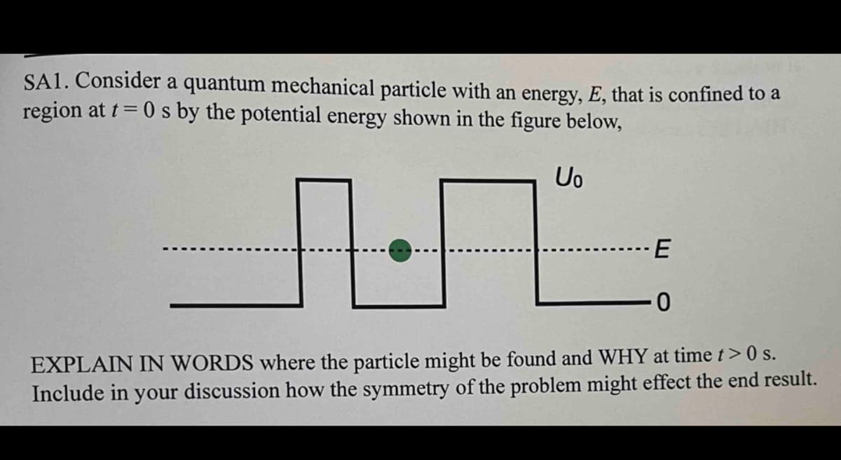 SA1. Consider a quantum mechanical particle with an energy, E, that is confined to a
region at t=0 s by the potential energy shown in the figure below,
Uo
E
0
EXPLAIN IN WORDS where the particle might be found and WHY at time t> 0 s.
Include in your discussion how the symmetry of the problem might effect the end result.