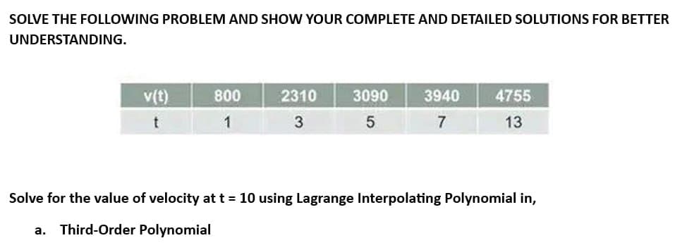 SOLVE THE FOLLOWING PROBLEM AND SHOW YOUR COMPLETE AND DETAILED SOLUTIONS FOR BETTER
UNDERSTANDING.
v(t)
t
800
1
2310
3
3090 3940
5
7
4755
13
Solve for the value of velocity at t = 10 using Lagrange Interpolating Polynomial in,
a. Third-Order Polynomial
