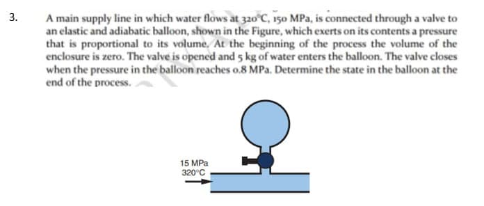 3.
A main supply line in which water flows at 320°C, 150 MPa, is connected through a valve to
an elastic and adiabatic balloon, shown in the Figure, which exerts on its contents a pressure
that is proportional to its volume. At the beginning of the process the volume of the
enclosure is zero. The valve is opened and 5 kg of water enters the balloon. The valve closes
when the pressure in the balloon reaches o.8 MPa. Determine the state in the balloon at the
end of the process.
15 MPa
320°C