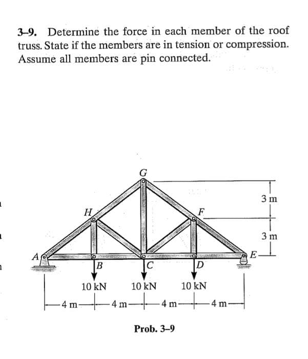 3-9. Determine the force in each member of the roof
truss. State if the members are in tension or compression.
Assume all members are pin connected.
H
4 m.
B
10 KN
n4m²
C
10 kN
+
Prob. 3-9
F
D
10 kN
+
-4m-
m-
3
3 m
3 m
1