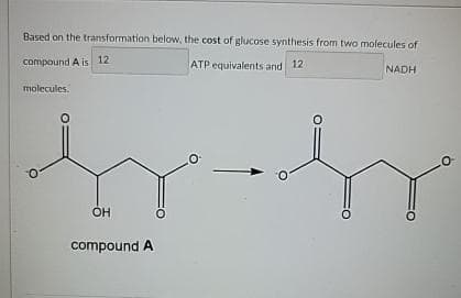 Based on the transformation below, the cost of glucose synthesis from two molecules of
compound A is 12
ATP equivalents and 12
molecules.
OH
compound A
O
O
NADH