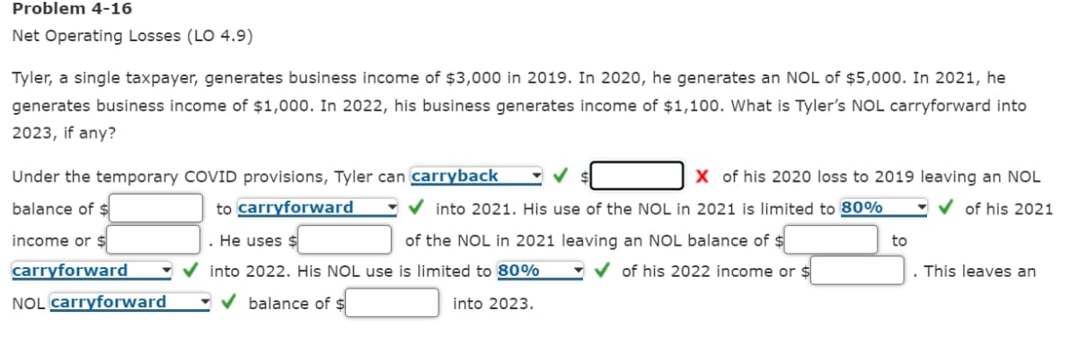 Problem 4-16
Net Operating Losses (LO 4.9)
Tyler, a single taxpayer, generates business income of $3,000 in 2019. In 2020, he generates an NOL of $5,000. In 2021, he
generates business income of $1,000. In 2022, his business generates income of $1,100. What is Tyler's NOL carryforward into
2023, if any?
Under the temporary COVID provisions, Tyler can carryback
balance of $
to carryforward
income or $
. He uses $
carryforward
into 2022. His NOL use is limited to 80%
✓balance of $
into 2023.
NOL carryforward
X of his 2020 loss to 2019 leaving an NOL
✔ of his 2021
✓into 2021. His use of the NOL in 2021 is limited to 80%
of the NOL in 2021 leaving an NOL balance of $
✓of his 2022 income or $
to
This leaves an
