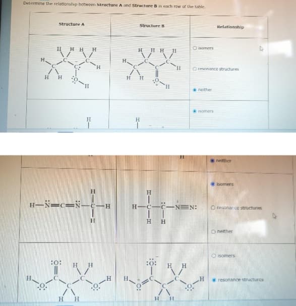 Determine the relationship between structure A and Structure B in each row of the table.
H.
H
Structure A
HHHH
H
H-N=C-N-
:0:
HH
H
H
H
H
H
H
H
H
H
Structure B
H HH
H
H
II
:6:
H
H-C-C-N=N:
||
H
H
Oisomers
H
resonance structures
neither
Relationship
Isomers
neither
isomers
O resonar ce structures
O neither
isomers
resonance structures
