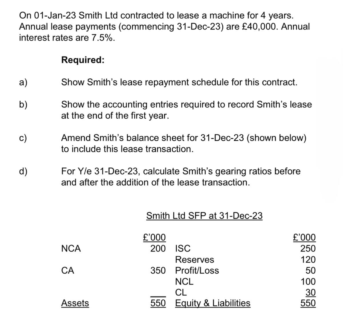 On 01-Jan-23 Smith Ltd contracted to lease a machine for 4 years.
Annual lease payments (commencing 31-Dec-23) are £40,000. Annual
interest rates are 7.5%.
a)
b)
c)
d)
Required:
Show Smith's lease repayment schedule for this contract.
Show the accounting entries required to record Smith's lease
at the end of the first year.
Amend Smith's balance sheet for 31-Dec-23 (shown below)
to include this lease transaction.
For Y/e 31-Dec-23, calculate Smith's gearing ratios before
and after the addition of the lease transaction.
Smith Ltd SFP at 31-Dec-23
£'000
£'000
NCA
200
ISC
250
Reserves
120
CA
350 Profit/Loss
50
NCL
CL
100
30
Assets
550 Equity & Liabilities
550