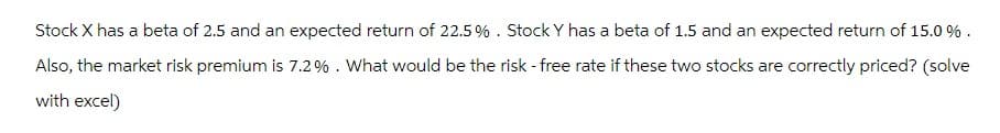 Stock X has a beta of 2.5 and an expected return of 22.5%. Stock Y has a beta of 1.5 and an expected return of 15.0 % .
Also, the market risk premium is 7.2%. What would be the risk - free rate if these two stocks are correctly priced? (solve
with excel)