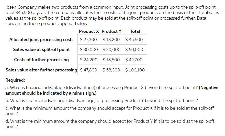 Ibsen Company makes two products from a common input. Joint processing costs up to the split-off point
total $45,500 a year. The company allocates these costs to the joint products on the basis of their total sales
values at the split-off point. Each product may be sold at the split-off point or processed further. Data
concerning these products appear below:
Product X Product Y
Total
Allocated joint processing costs
$27,300 $ 18,200 $ 45,500
Sales value at split-off point
$ 30,000
$20,000
$50,000
Costs of further processing
$ 24,200
$ 18,500
$ 42,700
Sales value after further processing $ 47,800
$58,300
$ 106,100
Required:
a. What is financial advantage (disadvantage) of processing Product X beyond the split-off point? (Negative
amount should be indicated by a minus sign.)
b. What is financial advantage (disadvantage) of processing Product Y beyond the split-off point?
c. What is the minimum amount the company should accept for Product X if it is to be sold at the split-off
point?
d. What is the minimum amount the company should accept for Product Y if it is to be sold at the split-off
point?