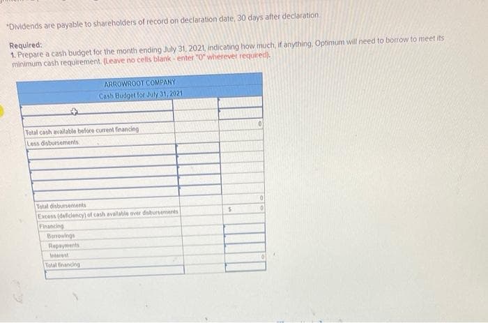 *Dividends are payable to shareholders of record on declaration date, 30 days after declaration.
Required:
1. Prepare a cash budget for the month ending July 31, 2021, indicating how much, if anything, Optimum will need to borow to meet its
minimum cash requirement. (Leave no cells blank enter "0" wherever required).
ARROWROOT COMPANY
Cash Budget for July 31, 2021.
Total cash available before current financing
Less disbursements
Total disbursements
Excess (deficiency) of cash available over disbursements
Financing
Borrowings
Repaynents
10
leterest
Total financing
