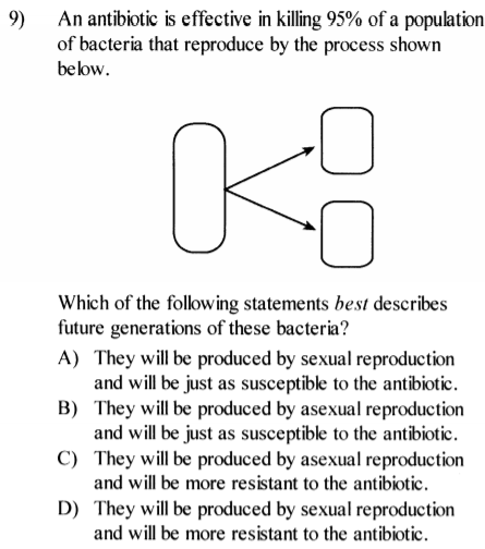 An antibiotic is effective in killing 95% of a population
9)
of bacteria that reproduce by the process shown
below.
Which of the following statements best describes
future generations of these bacteria?
A) They will be produced by sexual reproduction
and will be just as susceptible to the antibiotic.
B) They will be produced by asexual reproduction
and will be just as susceptible to the antibiotic.
C) They will be produced by asexual reproduction
and will be more resistant to the antibiotic.
D) They will be produced by sexual reproduction
and will be more resistant to the antibiotic.
