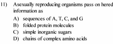 11) Asexually reproducing organisms pass on hered
information as
A) sequences of A, T, C, and G
B) folded protein molecules
C) simple inorganic sugars
D) chains of complex amino acids
