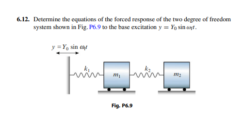 6.12. Determine the equations of the forced response of the two degree of freedom
system shown in Fig. P6.9 to the base excitation y = Yo sin wrt.
y = Y, sin @t
m2
Fig. P6.9
