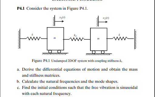 P4.1 Consider the system in Figure P4.1.
Figure P4.1 Undamped 2DOF system with coupling stiffness ke
a. Derive the differential equations of motion and obtain the mass
and stiffness matrices.
b. Calculate the natural frequencies and the mode shapes.
c. Find the initial conditions such that the free vibration is sinusoidal
with each natural frequency.
