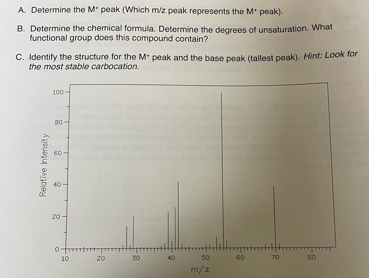 A. Determine the M+ peak (Which m/z peak represents the M+ peak).
B. Determine the chemical formula. Determine the degrees of unsaturation. What
functional group does this compound contain?
C. Identify the structure for the M+ peak and the base peak (tallest peak). Hint: Look for
the most stable carbocation.
ibero lut
100-
llame eve
Relative Intensity
80-
[S+M] 00
JOY ORDE
bruct
60
40
20
0
10
elubelom
20
30
0001 Tuoy to exurio
40
50
m/z
60
70
80
welven
Jorn
sed eri