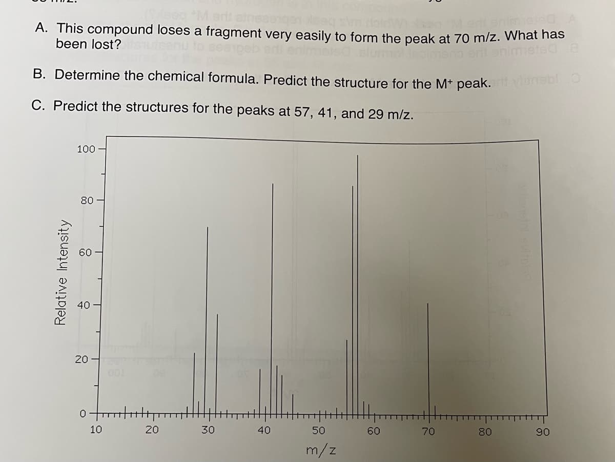 A. This compound loses a fragment very easily to form the peak at 70 m/z. What has
enimiete
been lost?
mated a
B. Determine the chemical formula. Predict the structure for the M+ peak.
C. Predict the structures for the peaks at 57, 41, and 29 m/z.
100
80
Relative Intensity
8
8
20 TEN
0
10
20
30
40
50
m/z
60
70
80
90