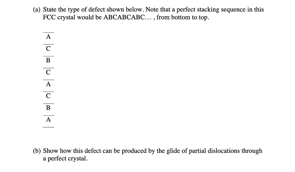 (a) State the type of defect shown below. Note that a perfect stacking sequence in this
FCC crystal would be ABCABCABC..., from bottom to top.
|< │0│P│0 │<│0│p < |
(b) Show how this defect can be produced by the glide of partial dislocations through
a perfect crystal.
