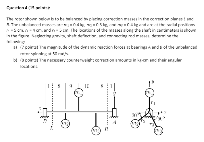 Question 4 (15 points):
The rotor shown below is to be balanced by placing correction masses in the correction planes L and
R. The unbalanced masses are m₁ = 0.4 kg, m2 = 0.3 kg, and m3 = 0.4 kg and are at the radial positions
r₁ = 5 cm, r₂ = 4 cm, and r3 = 5 cm. The locations of the masses along the shaft in centimeters is shown
in the figure. Neglecting gravity, shaft deflection, and connecting rod masses, determine the
following:
a) (7 points) The magnitude of the dynamic reaction forces at bearings A and B of the unbalanced
rotor spinning at 50 rad/s.
b) (8 points) The necessary counterweight correction amounts in kg-cm and their angular
locations.
·8.
-9 10-
(m1)
Y
(m1)
T1
X
30°
60°
B
A
(m2)
(m2)
T3
(m3) R
(m3)