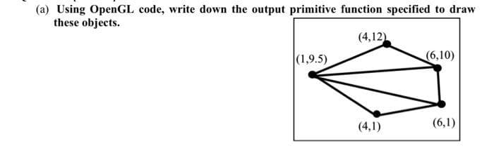 (a) Using OpenGL code, write down the output primitive function specified to draw
these objects.
(4,12)
(1,9.5)
(4,1)
(6,10)
(6,1)