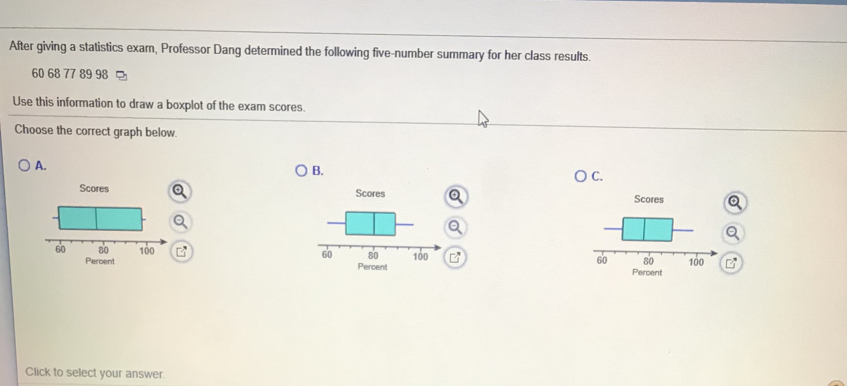After giving a statistics exam, Professor Dang determined the following five-number summary for her class results.
60 68 77 89 98
Use this information to draw a boxplot of the exam scores.
Choose the correct graph below.
O A.
O B.
OC.
Scores
Scores
Scores
60
80
100
60
80
100
Percent
60
80
100
Percent
Percent

