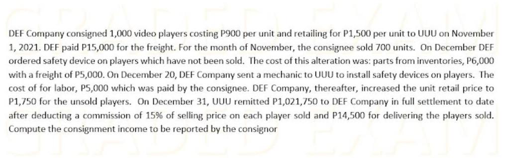 DEF Company consigned 1,000 video players costing P900 per unit and retailing for P1,500 per unit to UUU on November
1, 2021. DEF paid P15,000 for the freight. For the month of November, the consignee sold 700 units. On December DEF
ordered safety device on players which have not been sold. The cost of this alteration was: parts from inventories, P6,000
with a freight of P5,000. On December 20, DEF Company sent a mechanic to UUU to install safety devices on players. The
cost of for labor, P5,000 which was paid by the consignee. DEF Company, thereafter, increased the unit retail price to
P1,750 for the unsold players. On December 31, UUU remitted P1,021,750 to DEF Company in full settlement to date
after deducting a commission of 15% of selling price on each player sold and P14,500 for delivering the players sold.
Compute the consignment income to be reported by the consignor
