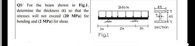 Q1/ For the beam shown in Fig.1,
determine the thickness (t) so that the
stresses will not exceed (20 MPa) for
bending and (2 MPa) for shear.
3KN/m
4t
Im
section
Fig.1
