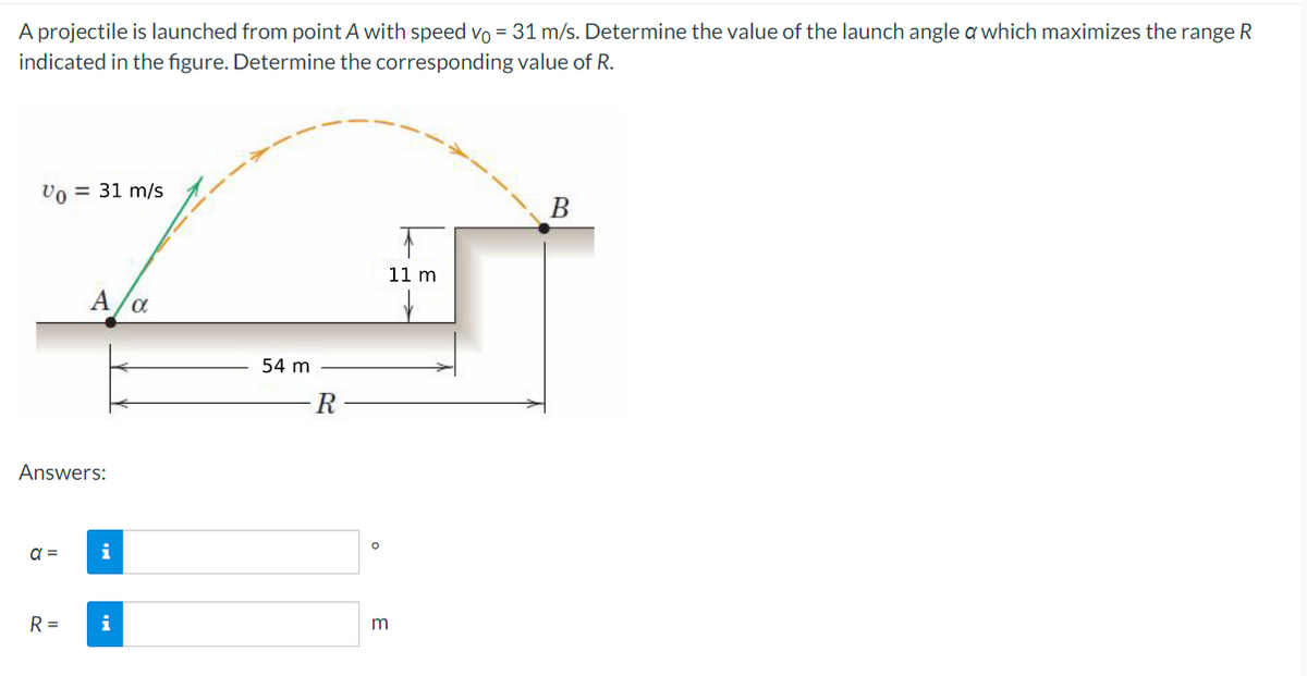 A projectile is launched from point A with speed vo = 31 m/s. Determine the value of the launch angle a which maximizes the range R
indicated in the figure. Determine the corresponding value of R.
Vo = 31 m/s
Answers:
a =
A/α
R =
i
i
54 m
R
O
11 m
m
B