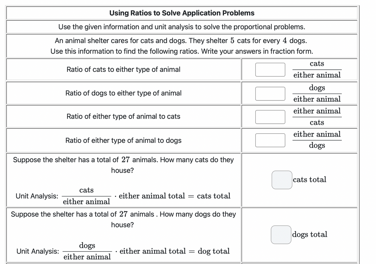 Using Ratios to Solve Application Problems
Use the given information and unit analysis to solve the proportional problems.
An animal shelter cares for cats and dogs. They shelter 5 cats for every 4 dogs.
Use this information to find the following ratios. Write your answers in fraction form.
Ratio of cats to either type of animal
Ratio of dogs to either type of animal
Ratio of either type of animal to cats
Ratio of either type of animal to dogs
Suppose the shelter has a total of 27 animals. How many cats do they
house?
Unit Analysis:
cats
Unit Analysis:
either animal
Suppose the shelter has a total of 27 animals. How many dogs do they
house?
dogs
either animal
either animal total = cats total
either animal total =
dog total
0
cats
either animal
dogs
either animal
either animal
0
cats
either animal
dogs
cats total
dogs total