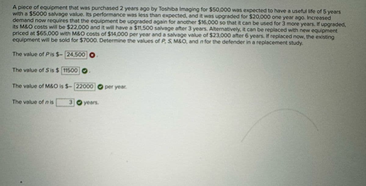 A piece of equipment that was purchased 2 years ago by Toshiba Imaging for $50,000 was expected to have a useful life of 5 years
with a $5000 salvage value. Its performance was less than expected, and it was upgraded for $20,000 one year ago. Increased
demand now requires that the equipment be upgraded again for another $16,000 so that it can be used for 3 more years. If upgraded,
its M&O costs will be $22,000 and it will have a $11,500 salvage after 3 years. Alternatively, it can be replaced with new equipment
priced at $65,000 with M&O costs of $14,000 per year and a salvage value of $23,000 after 6 years. If replaced now, the existing
equipment will be sold for $7000. Determine the values of P, S, M&O, and n for the defender in a replacement study.
The value of Pis $-24,500
The value of S is $ 11500
The value of M&O is $- 22000
per year.
The value of nis
3 years.
