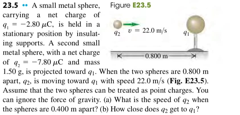 23.5 A small metal sphere,
carrying a net charge of
9₁
= -2.80 µC, is held in a
stationary position by insulat-
ing supports. A second small
metal sphere, with a net charge
●●
Figure E23.5
92
v = 22.0 m/s
-0.800 m-
91
of q₂ = -7.80 μC and mass
92
1.50 g, is projected toward q₁. When the two spheres are 0.800 m
apart, q2, is moving toward qı with speed 22.0 m/s (Fig. E23.5).
Assume that the two spheres can be treated as point charges. You
can ignore the force of gravity. (a) What is the speed of 92 when
the spheres are 0.400 m apart? (b) How close does 92 get to 91?