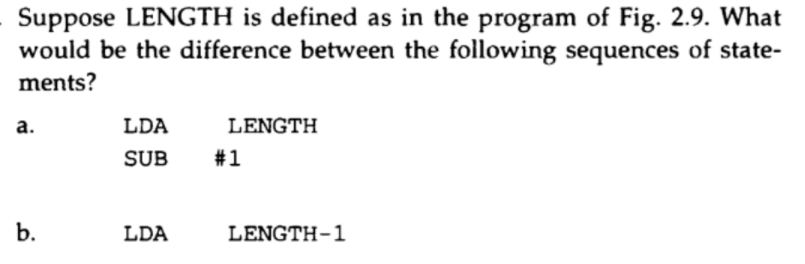 Suppose LENGTH is defined as in the program of Fig. 2.9. What
would be the difference between the following sequences of state-
ments?
a.
LDA
LENGTH
SUB
#1
b.
LDA
LENGTH-1

