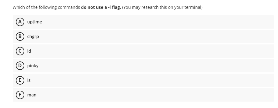 Which of the following commands do not use a -l flag. (You may research this on your terminal)
(A uptime
(B) chgrp
id
D pinky
E Is
F) man
