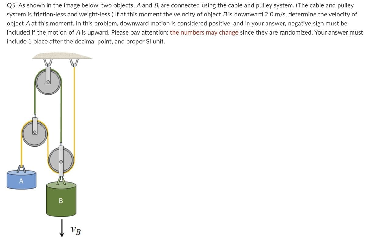Q5. As shown in the image below, two objects, A and B, are connected using the cable and pulley system. (The cable and pulley
system is friction-less and weight-less.) If at this moment the velocity of object B is downward 2.0 m/s, determine the velocity of
object A at this moment. In this problem, downward motion is considered positive, and in your answer, negative sign must be
included if the motion of A is upward. Please pay attention: the numbers may change since they are randomized. Your answer must
include 1 place after the decimal point, and proper Sl unit.
A
€
B
VB