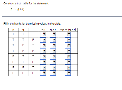 Construct a truth table for the statement.
~P→ (q^r)
Fill in the blanks for the missing values in the table.
Р q
T
T
F
F
PT
Т
T
T
T
F
LL
TI
F
LL
LL
F
T
T
F
TI
r
T
F
TI
++++
LL
F F
~P qɅr ~P→ (q^r)
▼
▼