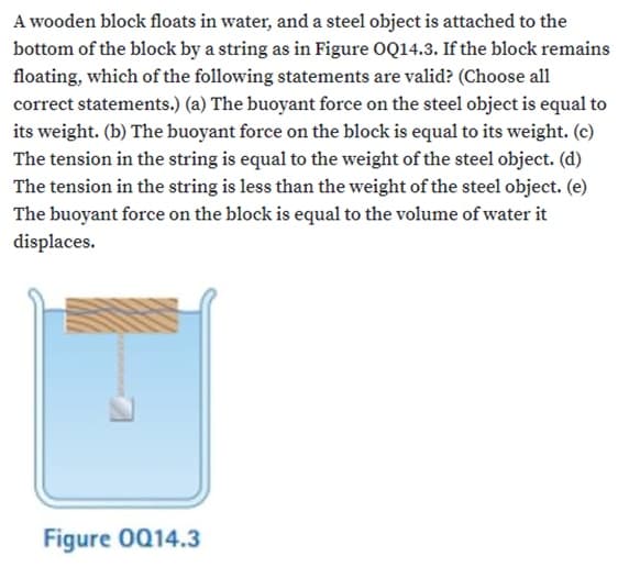 A wooden block floats in water, and a steel object is attached to the
bottom of the block by a string as in Figure OQ14.3. If the block remains
floating, which of the following statements are valid? (Choose all
correct statements.) (a) The buoyant force on the steel object is equal to
its weight. (b) The buoyant force on the block is equal to its weight. (c)
The tension in the string is equal to the weight of the steel object. (d)
The tension in the string is less than the weight of the steel object. (e)
The buoyant force on the block is equal to the volume of water it
displaces.
Figure 0Q14.3
