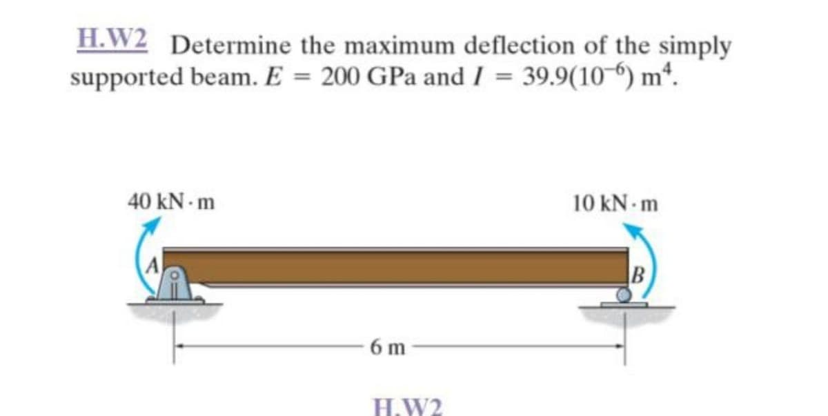 H.W2 Determine the maximum deflection of the simply
supported beam. E = 200 GPa and I = 39.9(106) mª.
10 kN-m
40 kN.m
B
6 m
H.W2