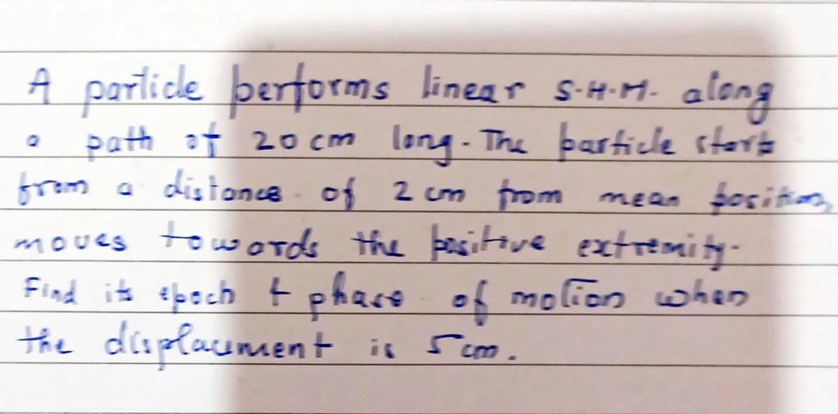 A particle bertorms linear s-H.M. along
path :t 20 cm long- The barticle star=
fram a distonce of 2 cm from mean $osition
moves towords the besithve extremity-
Find its ebech Ļ phace of moFon when
the displacenmnent
is S com.
