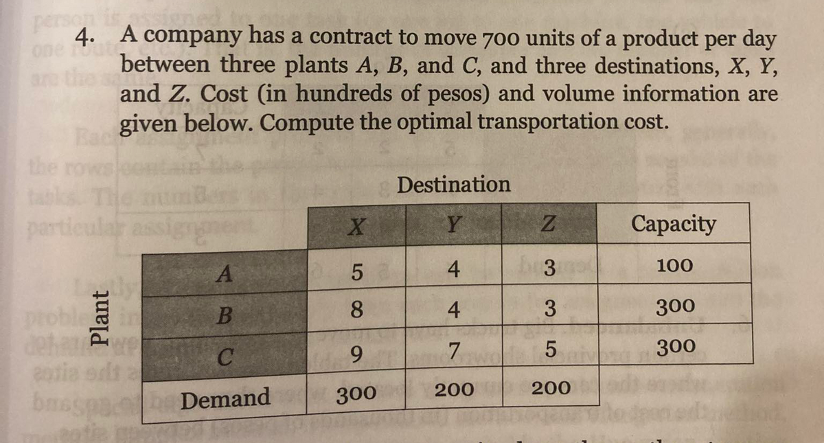 person
one rou
4. A company has a contract to move 700 units of a product per day
between three plants A, B, and C, and three destinations, X, Y,
and Z. Cost (in hundreds of pesos) and volume information are
given below. Compute the optimal transportation cost.
ar the
Back
the ro
tablos
Destination
articular
Y
Сapacity
5
4
3
100
proble a in
8.
4.
3
300
9.
300
b Demand
300
200
200
