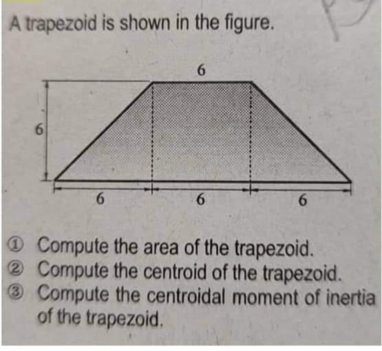 A trapezoid is shown in the figure.
6
6
6
6
6
Compute the area of the trapezoid.
2 Compute the centroid of the trapezoid.
3 Compute the centroidal moment of inertia
of the trapezoid.